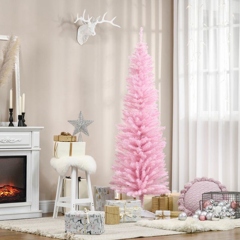 HOMCOM 6 FT Artificial Christmas Pencil Tree Holiday Xmas Tree Home Indoor Decoration, Pink, 3 of 10