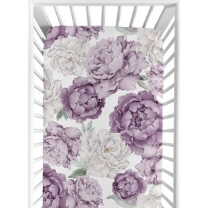 Sweet Jojo Designs Girl Baby Fitted Crib Sheet Peony Floral Garden Purple Ivory - 1 of 4