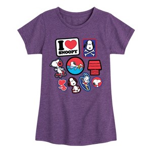 Girls' - Peanuts - I Heart Snoopy Patches Fitted Short Sleeve Graphic T-Shirt - 1 of 4