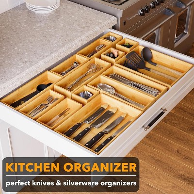 Natural Bamboo 14-Piece Multi-Use Drawer Organizer Set