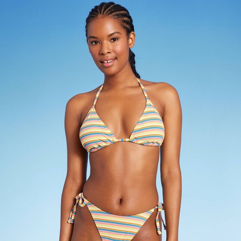 Women's Ribbed Triangle Bikini Top - Wild Fable™ Blue/Green/Pink Striped XXS