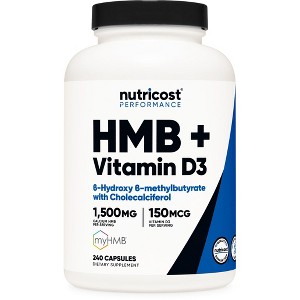 Nutricost HMB (1500mg) and Vitamin D3 (6000 IU) Supplement - 240 Capsules, Gluten Free and GMO-Free, 80 Servings - 1 of 4