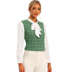 Allegra K Women's Plaid Casual Contrast Color Long Sleeve Bow Tie Neck Blouse - 1 of 4
