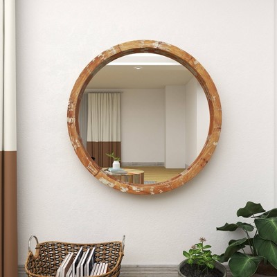 Vintage Round Brown Wood Wall Mirror