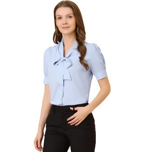 Allegra K Women's Elegant Puff Sleeve Peasant Office Bow Tie Neck Blouse - 1 of 4