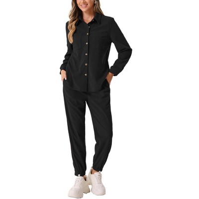 Allegra K Women's 2 Piece Outfits Fall Long Sleeve Button Down Shirt and Pants Set Corduroy Tracksuit