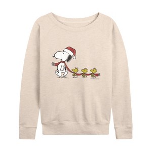 Women's - Peanuts - Christmas Snoopy & Woodstock Lightweight French Terry Wide Neck Long Sleeve Graphic Shirt - 1 of 4