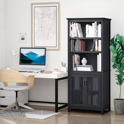Black 71" MDF Bookcase Storage Hutch with Adjustable Shelves and Glass Doors