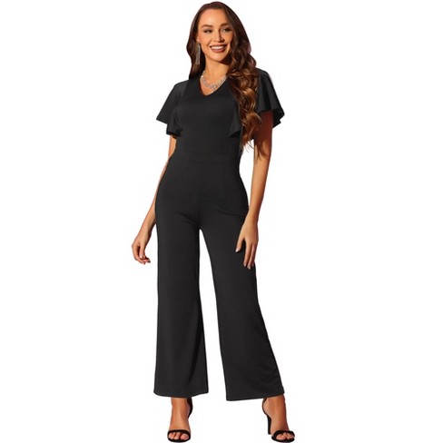 Allegra K Women's Elegant Square Neck Long Sleeve Wide Leg Long Pants  Dressy Jumpsuit Black Small