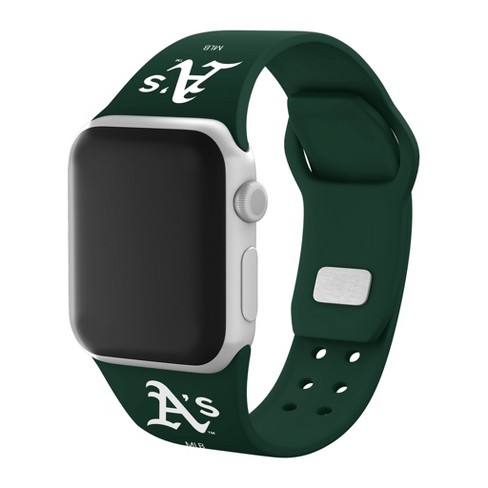 Gametime MLB Oakland Athletics Black Leather Apple Watch Band (38/40mm S/M). Watch Not included.