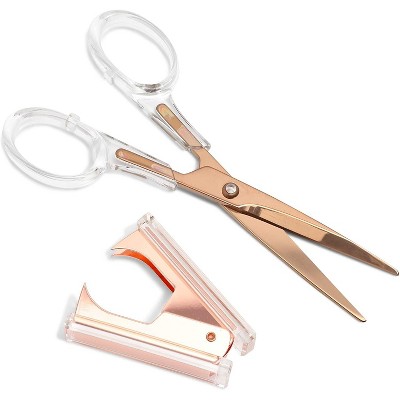 Paper Junkie Set of 2 Rose Gold Stationery: Scissor with Clear Acrylic Handle & Staple Remover