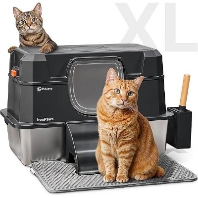 Petcove Stainless Steel Litter Box with Built-In Odor Control – 28L XL, Black