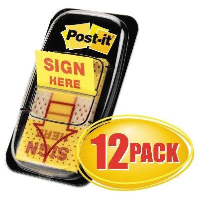 Post-it Flags in Dispenser, "Sign Here" - Yellow (12 50-Flags Per Pack)