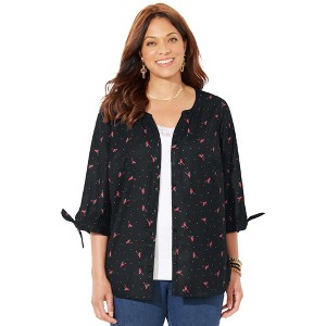 Catherines Women's Plus Size Petite Georgette Buttonfront Tie Sleeve Cafe Blouse - 1 of 4