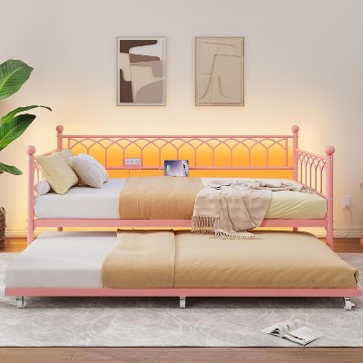 Twin Daybed with Trundle, Day Bed with Charging Station & LED Lights