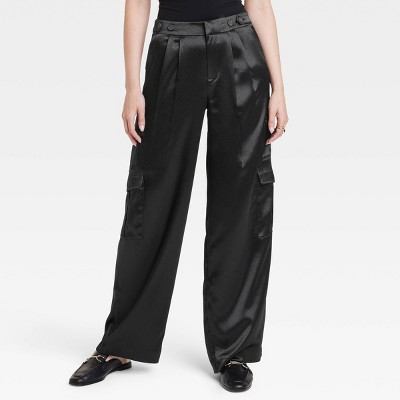 Women's High-Rise Satin Cargo Pants - A New Day™ Black 0