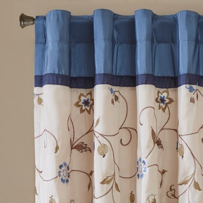 Navy Embroidered Light Filtering Pleated Curtain Panel
