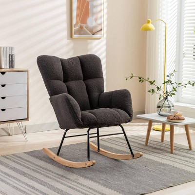 Indoor Rocking Chair Wingback Arm Chair Tufted Upholstered Teddy Fabric Nursery Room Rocking Chair With Solid Wood Base-Maison Boucle