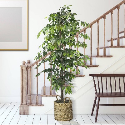 Verdant Charm 72" Faux Ficus Floor Plant in Handwoven Basket