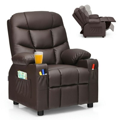 Costzon Kids Recliner Chair with Cup Holder, Adjustable Leather Lounge with Footrest & Side Pockets, Ergonomic Sofa for Boys & Girls Room (Brown)
