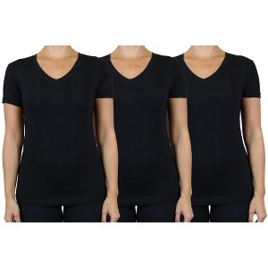 Blu Rock Women's Loose Fit  Short Sleeve V-Neck Cotton Stretch Tees-3 Pack - 1 of 2