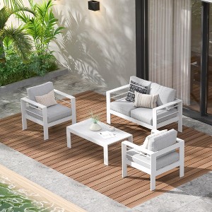 Heynemo 4 Pieces Outdoor Patio Furniture Set, Metal Patio Conversation Set with Loveseat, 5'' Light Grey Cushion & Coffee Table - 1 of 4