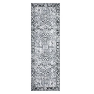 2 x 6 ft Polyester Green Rectangular Hallway Bathroom Entryway Kitchen Office Foldable Flower Printed  Washable Area Rug - 1 of 4