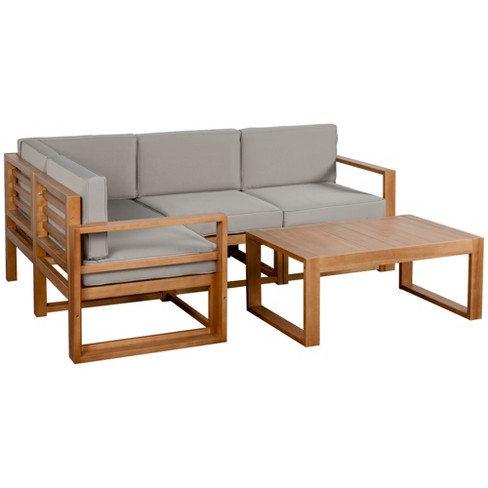 Outsunny 4 Seater L Shaped Patio Furniture Set Wood Outdoor Sectional Sofa Conversation Set with Coffee Table and Cushions for Garden gray