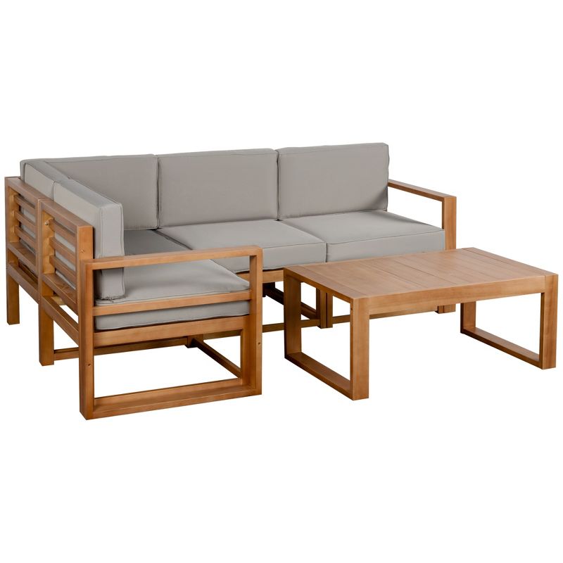 Outsunny 4 Seater L Shaped Patio Furniture Set, Wood Outdoor Sectional Sofa Conversation Set with Coffee Table and Cushions for Garden, gray, 1 of 7