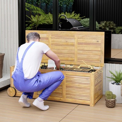 Natural Acacia Wood Outdoor Deck Box with Wheels, 48 Gallon