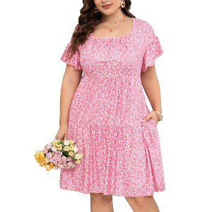Clearlove Plus Size Dress Women's Plus Size Floral V-Neck Dress Short Sleeve Knee Length A-line Mini Dresses - 1 of 4