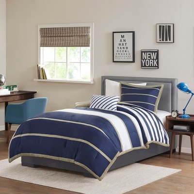Navy and Khaki Twin Microfiber Striped Comforter Set