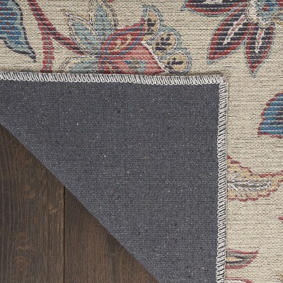 Beige Floral Chenille Rectangular Washable Area Rug