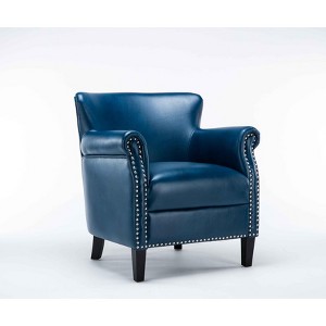 CAVINAS Faux Leather Accent Chair with High Backrest and Wood Legs,Cozy Upholstered Living Room Chairs,Reading Chairs for Living Room,Navy Blue - 1 of 4