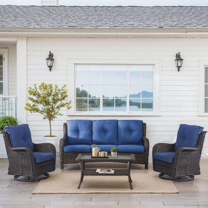 Buenhomino 4 Pieces Patio Furniture Set with Swivel Chairs, High Back Wicker Rattan Sofa with Thick Cushion and Coffee Table, Outdoor Conversation Set - 1 of 4