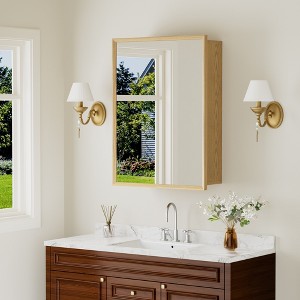 Bathroom Wall Cabinet with Mirror,Oak Wooden Storage Cabinet with Adjustable Shelves for Bathroom Organization - 1 of 4