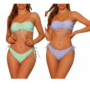 Elerevyo Women's Halter Floral Print Bandeau Tie Side Triangle Bottoms Swimwear Bathing Suits 2 Sets - 1 of 4