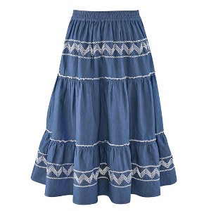 Collections Etc Stylish Embroidered Detail Tiered Denim Pull-On Skirt - 1 of 4