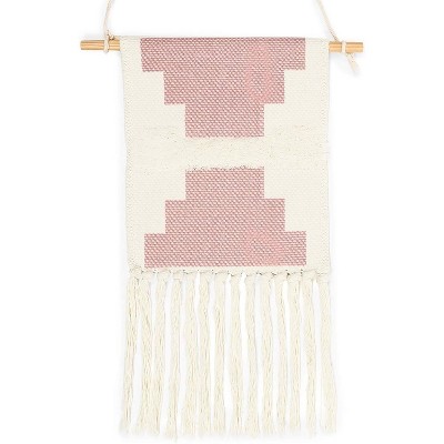 Boho Tapestry Wall Hanging, White and Pink Bohemian Art (10 x 20 inch)