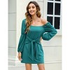 Coolmee Women's Mini Dress Square Neck Pleated Long Sleeve Ruched Front Tie Waist A Lind Short Dresses - 4 of 4