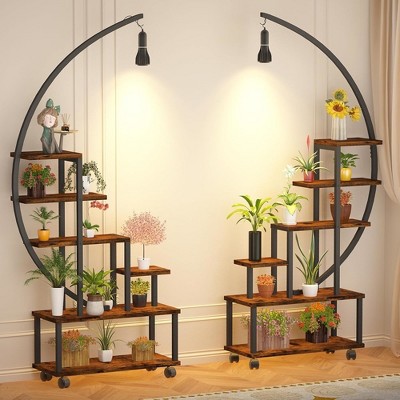 Indoor Plant Stand with Grow Light & Wheels, 6-Tier Large Metal Plant Shelf Display Rack, Brown