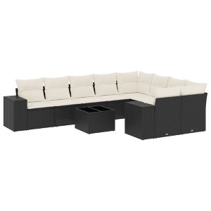 vidaXL 10 Piece Patio Sofa Set with Cushions Black Poly Rattan - Black and Cream Without Table - 1 of 4