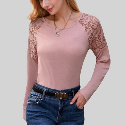 Anna-Kaci Women's Lace Raglan Sleeve Top with Sheer Floral Shoulder Detail