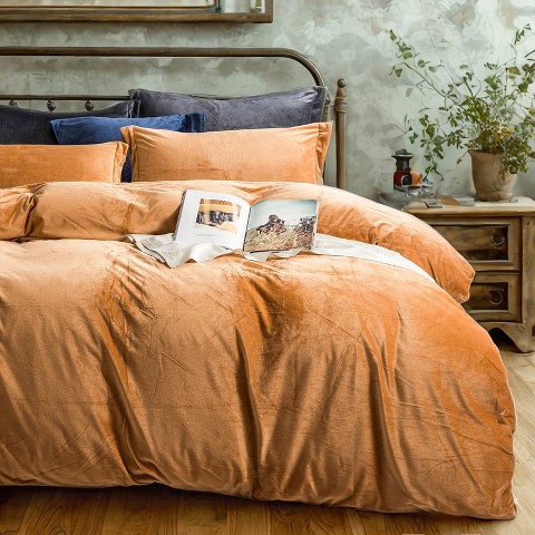 Acoinel Velvet Duvet Cover Set, Luxuriously Soft Zippered Flannel Comforter Cover in Camel, Solid Color Bedding