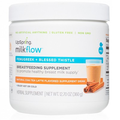 UpSpring Milkflow Breastfeeding Lactation Supplement, Fenugreek and Blessed Thistle Powder Mix, Chai Latte - 12.7oz