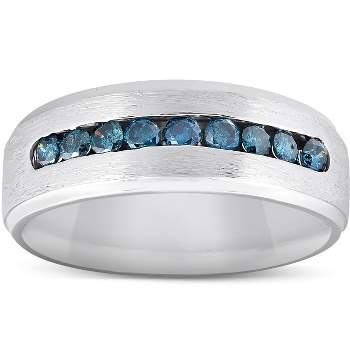 Pompeii3 Mens 1/3ct Blue Diamond Brushed Wedding Ring 14k White Gold