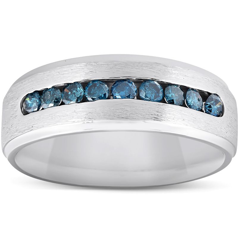 Pompeii3 Mens 1/3ct Blue Diamond Brushed Wedding Ring 14k White Gold, 1 of 5