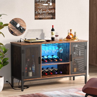 Aheaplus Wine Cabinet with Power Outlets and LED Lights, Coffee Bar Cabinet with Storage Space and Adjustable Wine Rack