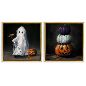 Stupell Industries Vintage Halloween Ghost & Pumpkin Stack 2pc Floating Frame Art Set - 1 of 4
