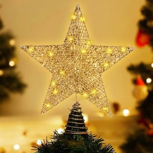 WOPET 12" Glitter Gold LED Christmas Tree Topper Star - Battery-Operated, 30 Warm Lights for Holiday Decor - 1 of 1